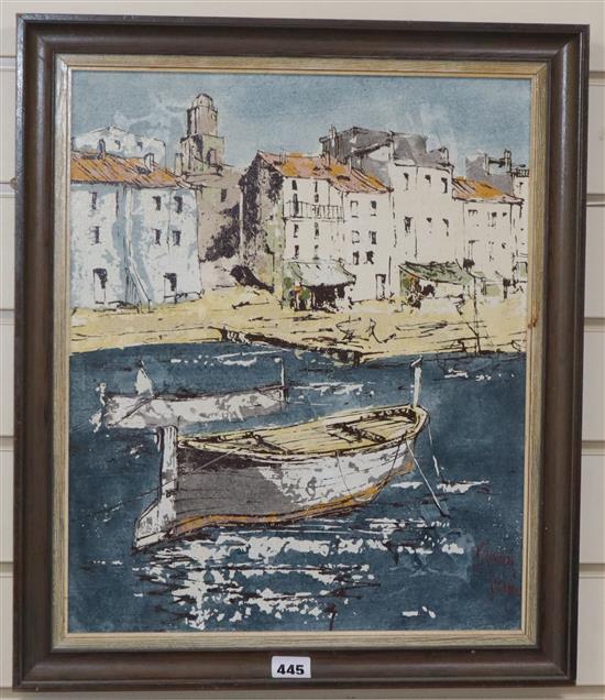 Bernard Dufour, oil on board, Fishing boats in harbour, signed, 44 x 36cm